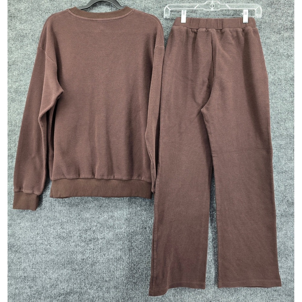Comfrt Waffle Knit Lounge Set Women S Truffle Sweatshirt and Wide Leg Pant Brown - Picture 2 of 8
